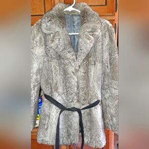 Vtg 100% Rabbit Cream Grey Fur Coat Size S/M Holidays Party Hook/Eye Belt